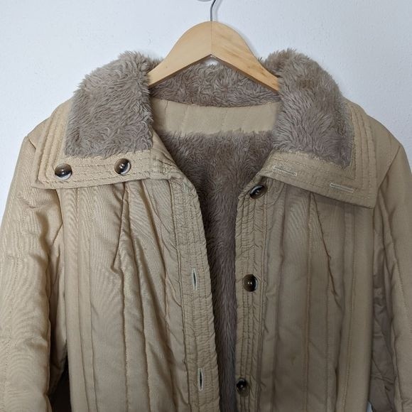 Vintage Channel Quilted Sherpa Lined Jacket Khaki Neutral - Picture 4 of 16